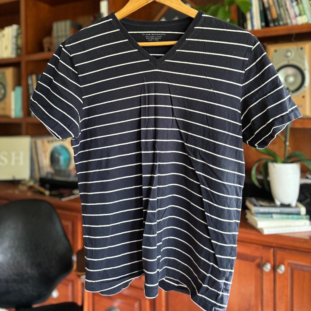 Club Monaco V-Neck Tee – Navy with White Stripes (Tagged Large, Fits Like Medium